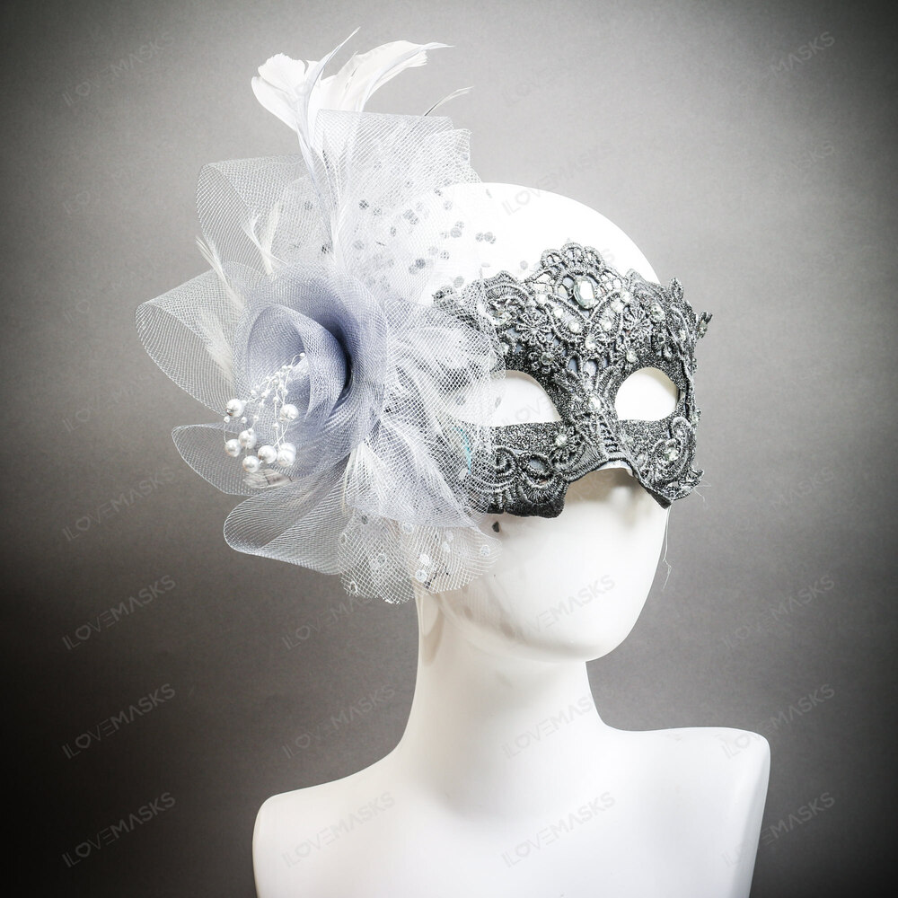 Flower Feather Mask Venetian Mardi Gras Masquerade - Silver - Picture 3 of 5